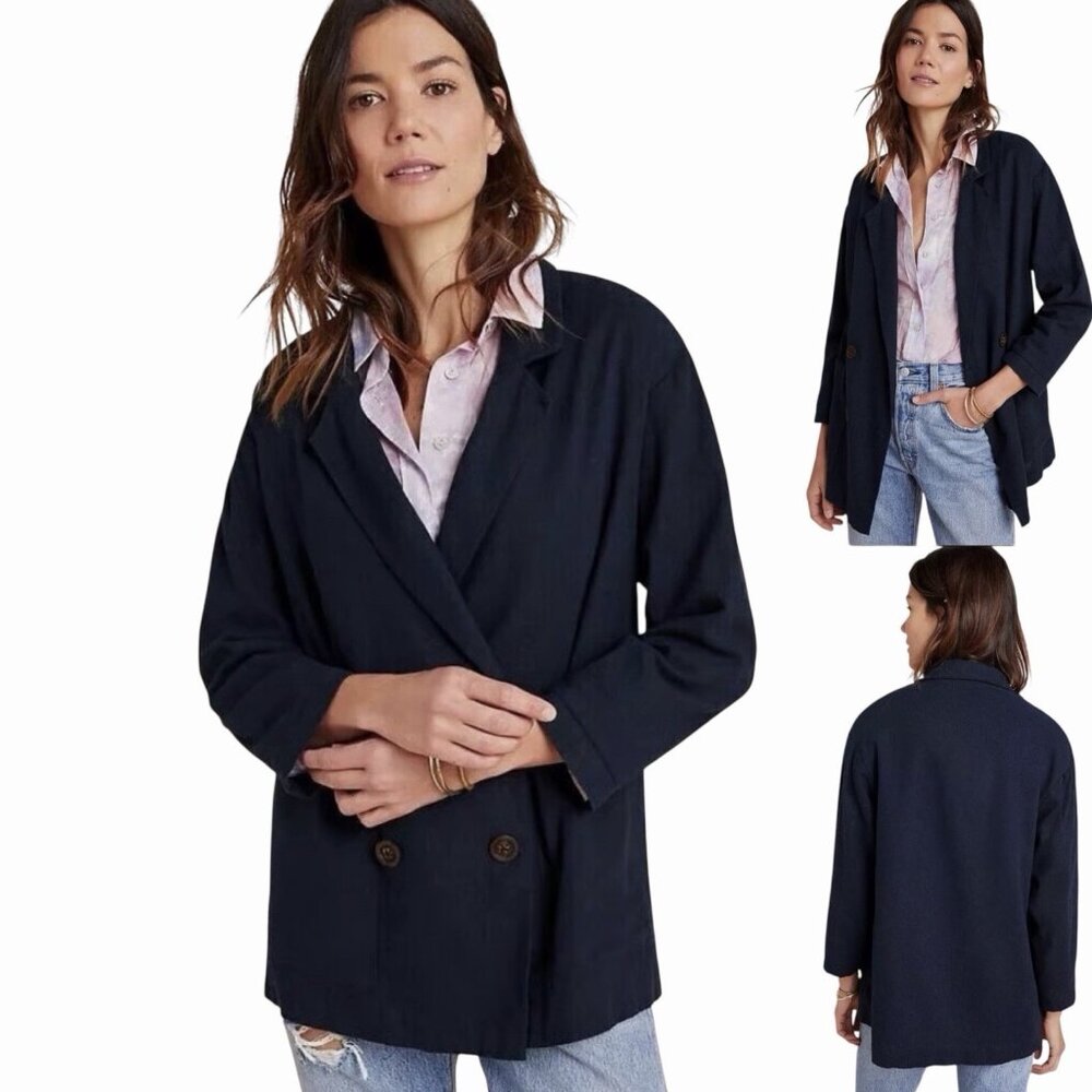 AMADI x Anthropologie Kaye Double Breasted Linen Blazer Size XL Navy Blue Jacket